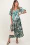 Green Palm Resort Print Satin Floral Button Maternity Maxi Dress