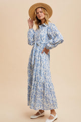 Light Blue Cotton Toile Print Button Down Maxi Dress