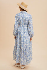 Light Blue Cotton Toile Print Button Down Maxi Dress