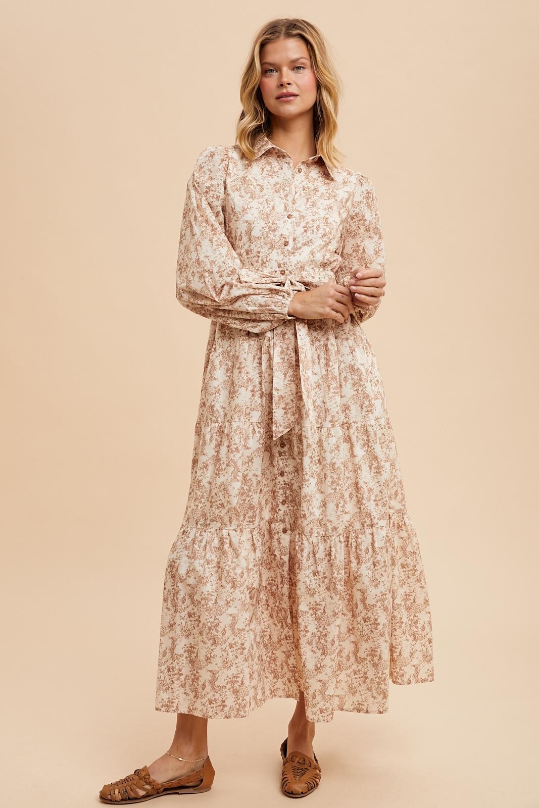 Mocha Cotton Toile Print Button Down Maxi Dress