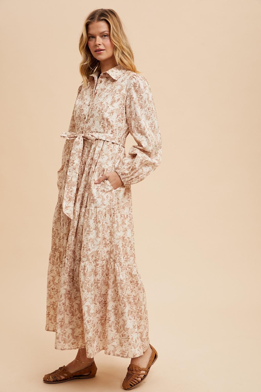 Mocha Cotton Toile Print Button Down Maxi Dress
