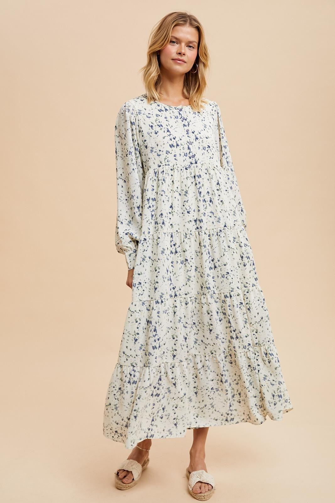 Blue Printed Tiered Maternity Maxi Dress