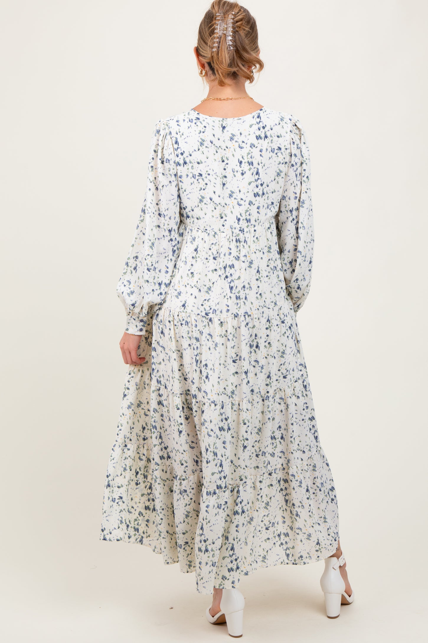 Blue Printed Tiered Maternity Maxi Dress