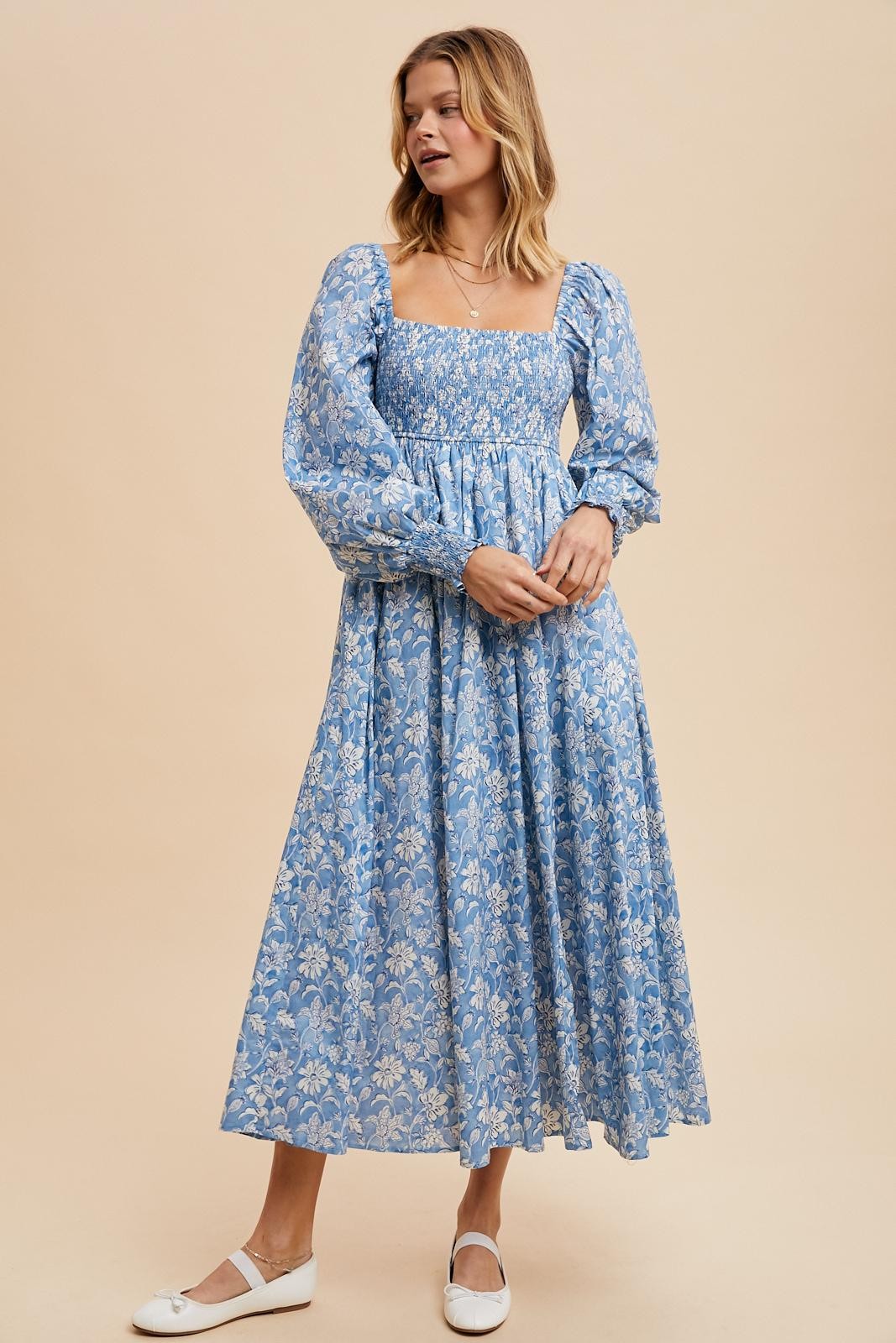 Light Blue Smocked Cotton Floral Maternity Maxi Dress