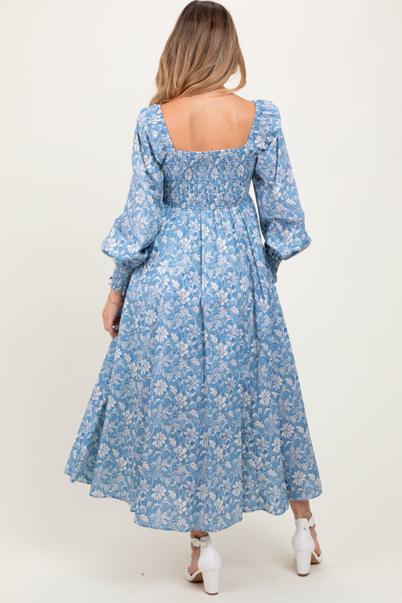 Light Blue Smocked Cotton Floral Maternity Maxi Dress