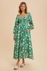 Green Smocked Cotton Floral Maternity Maxi Dress