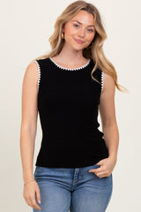 Black Ribbed Contrast Embroidered Sleeveless Top