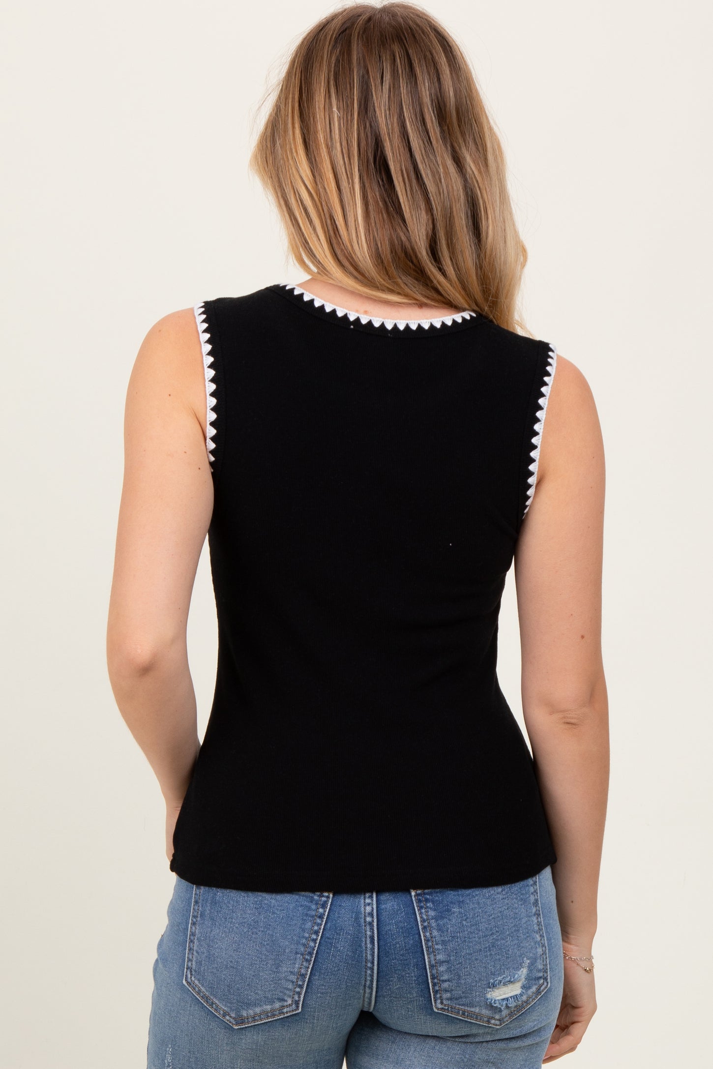 Black Ribbed Contrast Embroidered Sleeveless Top