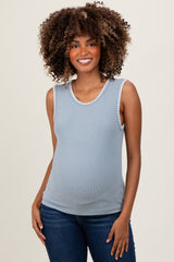 Blue Ribbed Contrast Embroidered Sleeveless Maternity Top