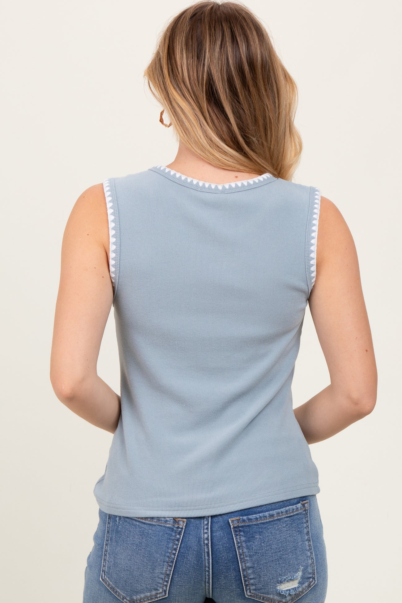Blue Ribbed Contrast Embroidered Sleeveless Top
