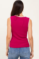 Magenta Ribbed Contrast Embroidered Sleeveless Top