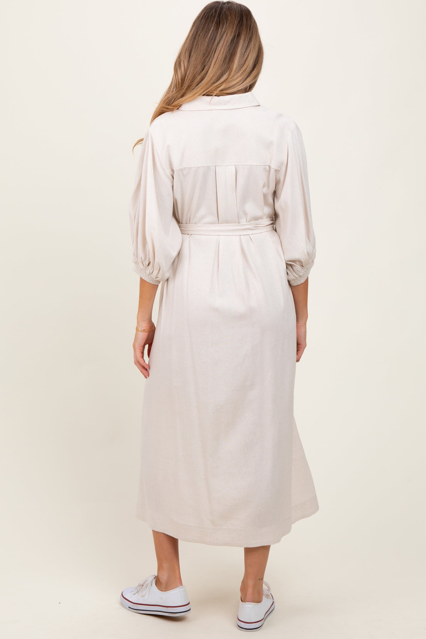 Beige 3/4 Bubble Sleeve Maternity Midi Shirt Dress