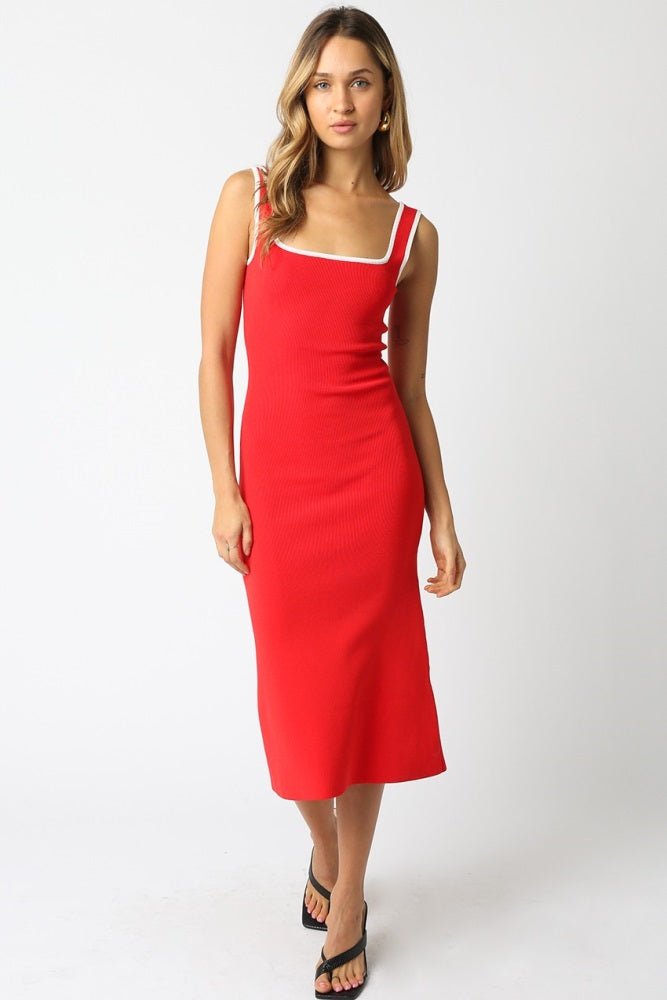 Red Knit Contrast Trim Square Neck Maternity Midi Dress