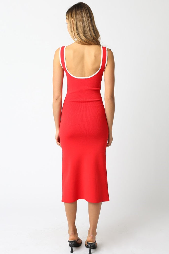 Red Knit Contrast Trim Square Neck Midi Dress