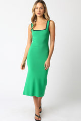 Green Knit Contrast Trim Square Neck Maternity Midi Dress