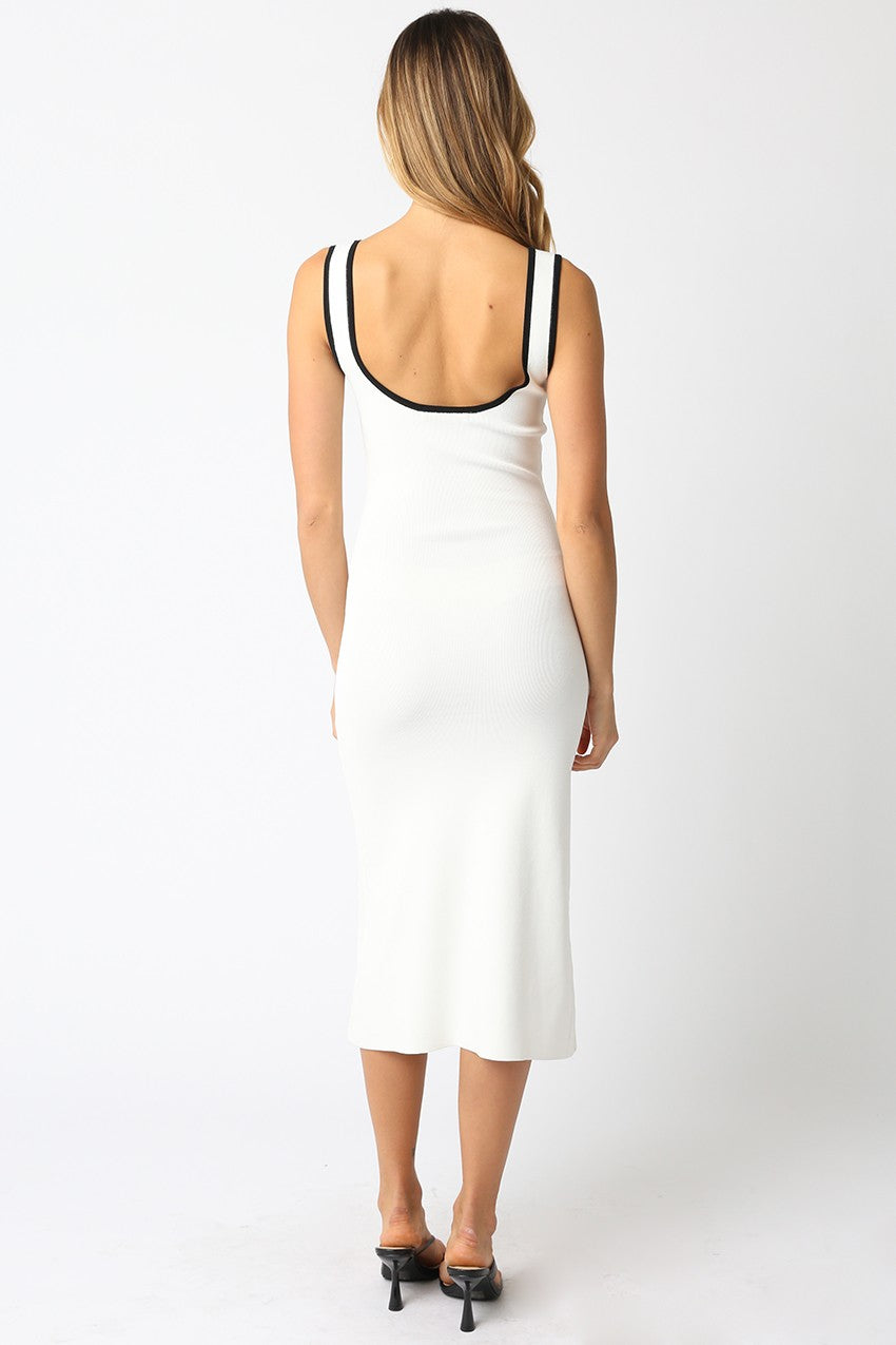 White Knit Contrast Trim Square Neck Midi Dress