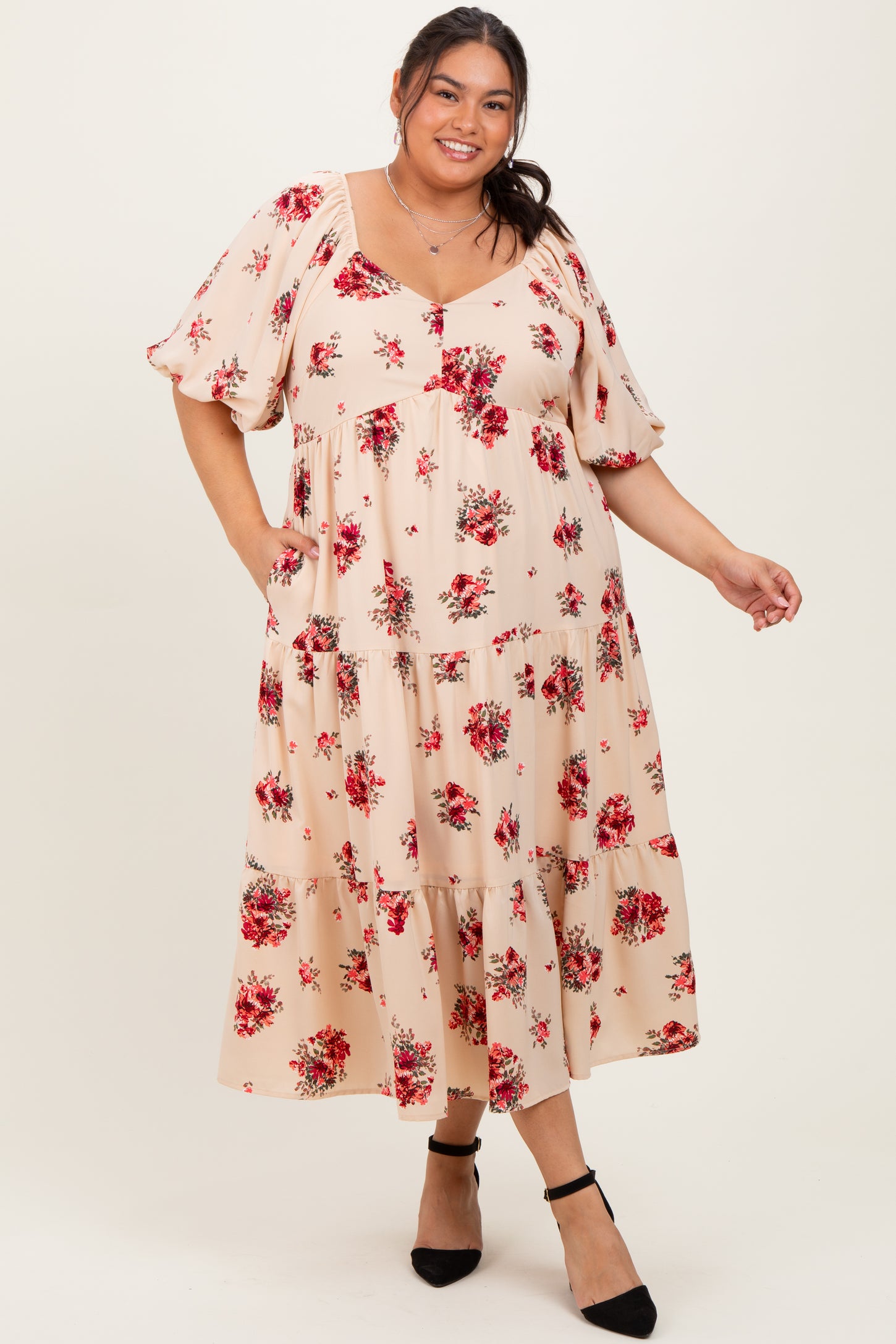 Cream Floral Puff Sleeve Plus Tiered Maxi Dress