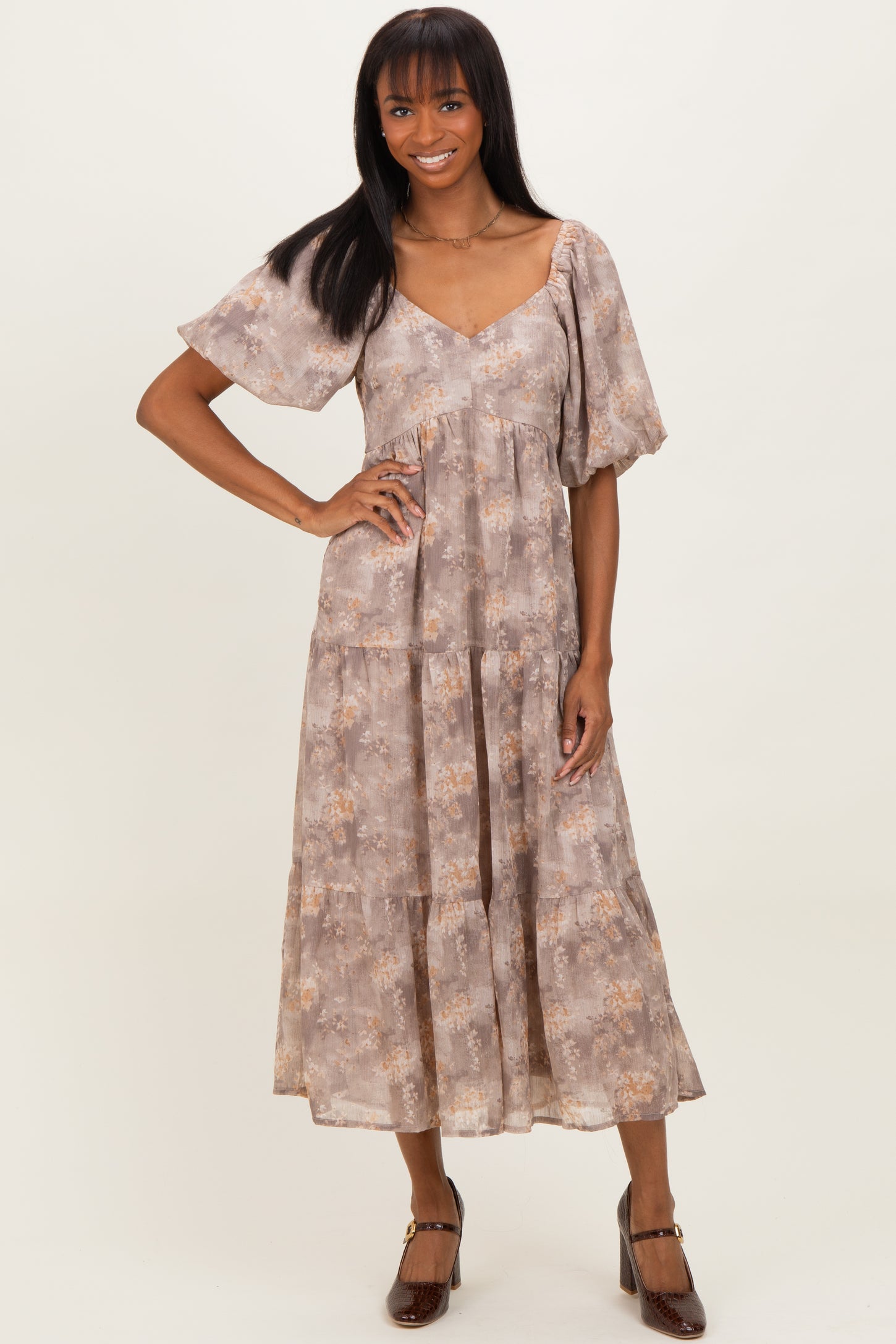 Light Taupe Watercolor Floral Puff Sleeve Tiered Maxi Dress