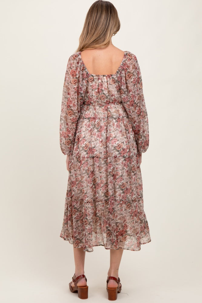 Cream Floral Deep V-Neck Tiered Maternity Maxi Dress
