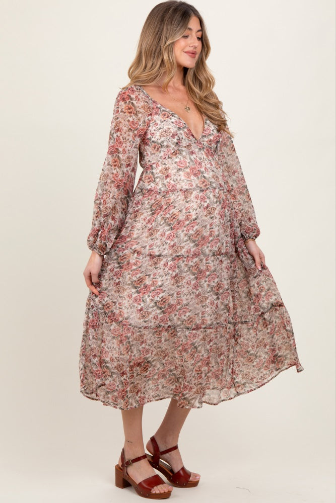 Cream Floral Deep V-Neck Tiered Maternity Maxi Dress