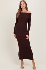 Brown Ribbed Knit Off Shoulder Side Slit Maternity Sweater Dress