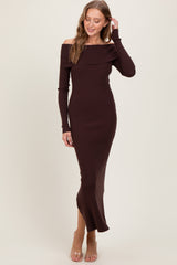 Brown Ribbed Knit Off Shoulder Side Slit Sweater Dress