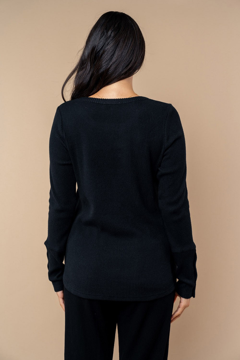 Black Ribbed Knit Button Detail Long Sleeve Top