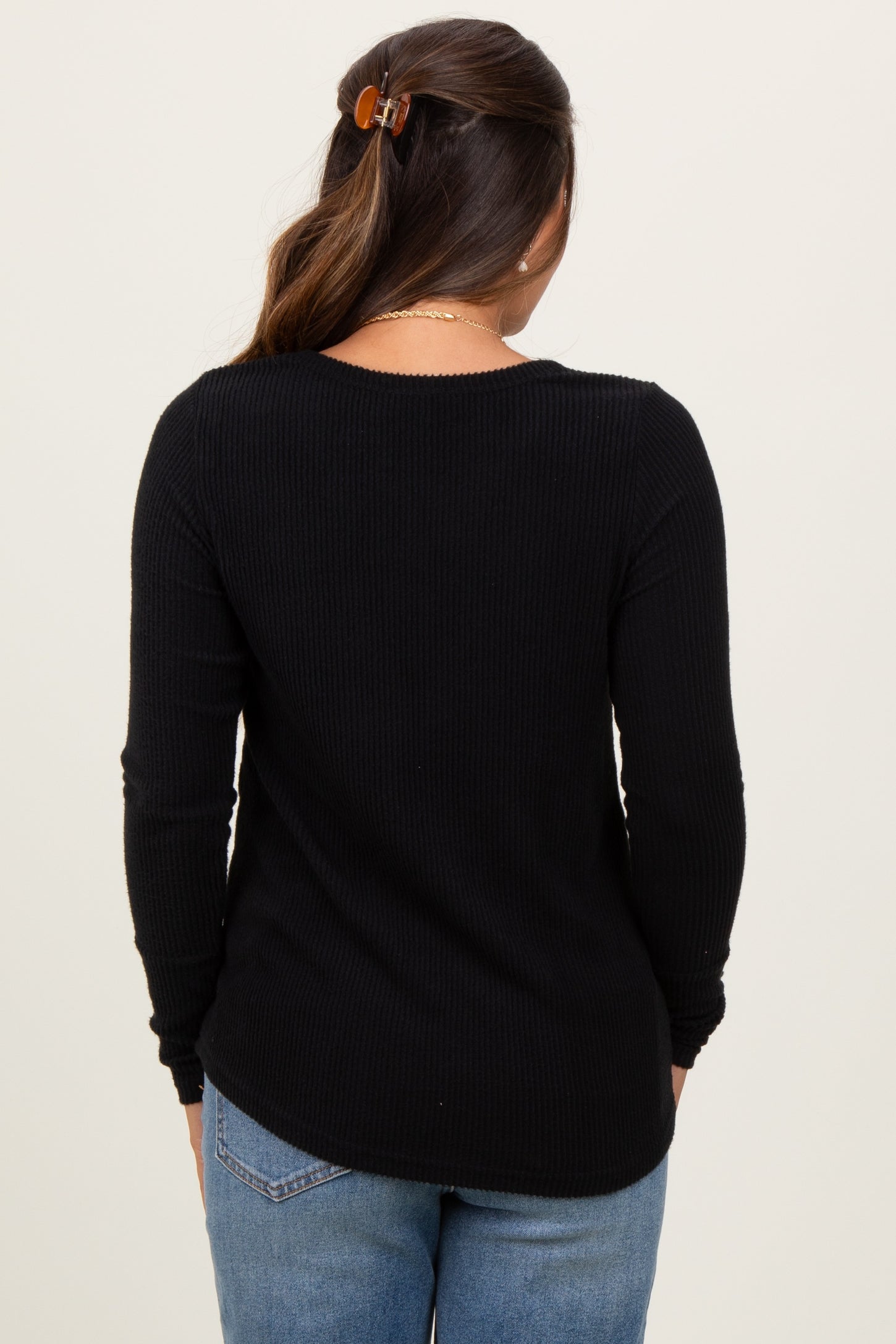 Black Ribbed Knit Button Detail Long Sleeve Maternity Top