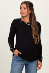 Black Ribbed Knit Button Detail Long Sleeve Maternity Top