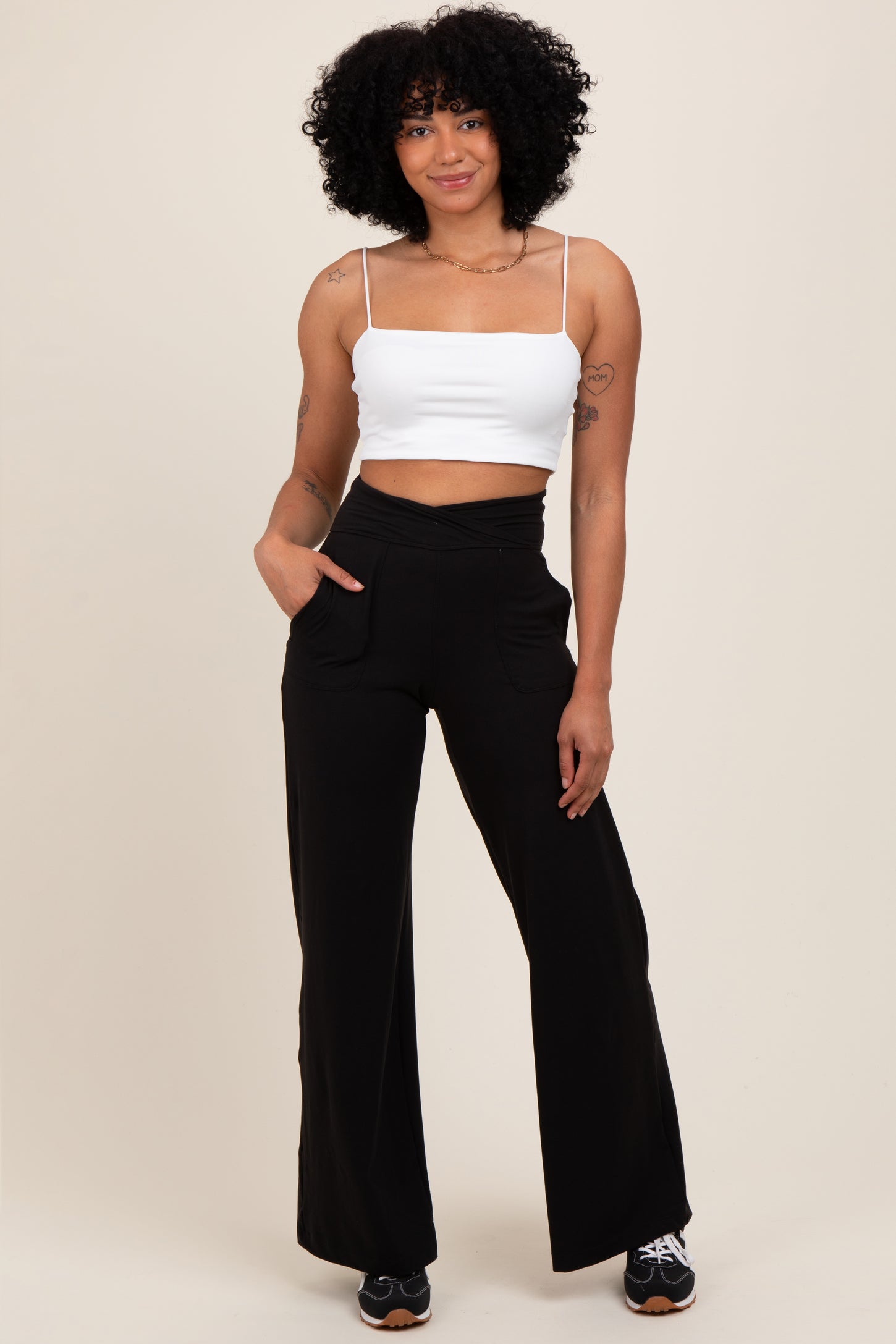 Black Crossover Waist Active Wide Leg Pant