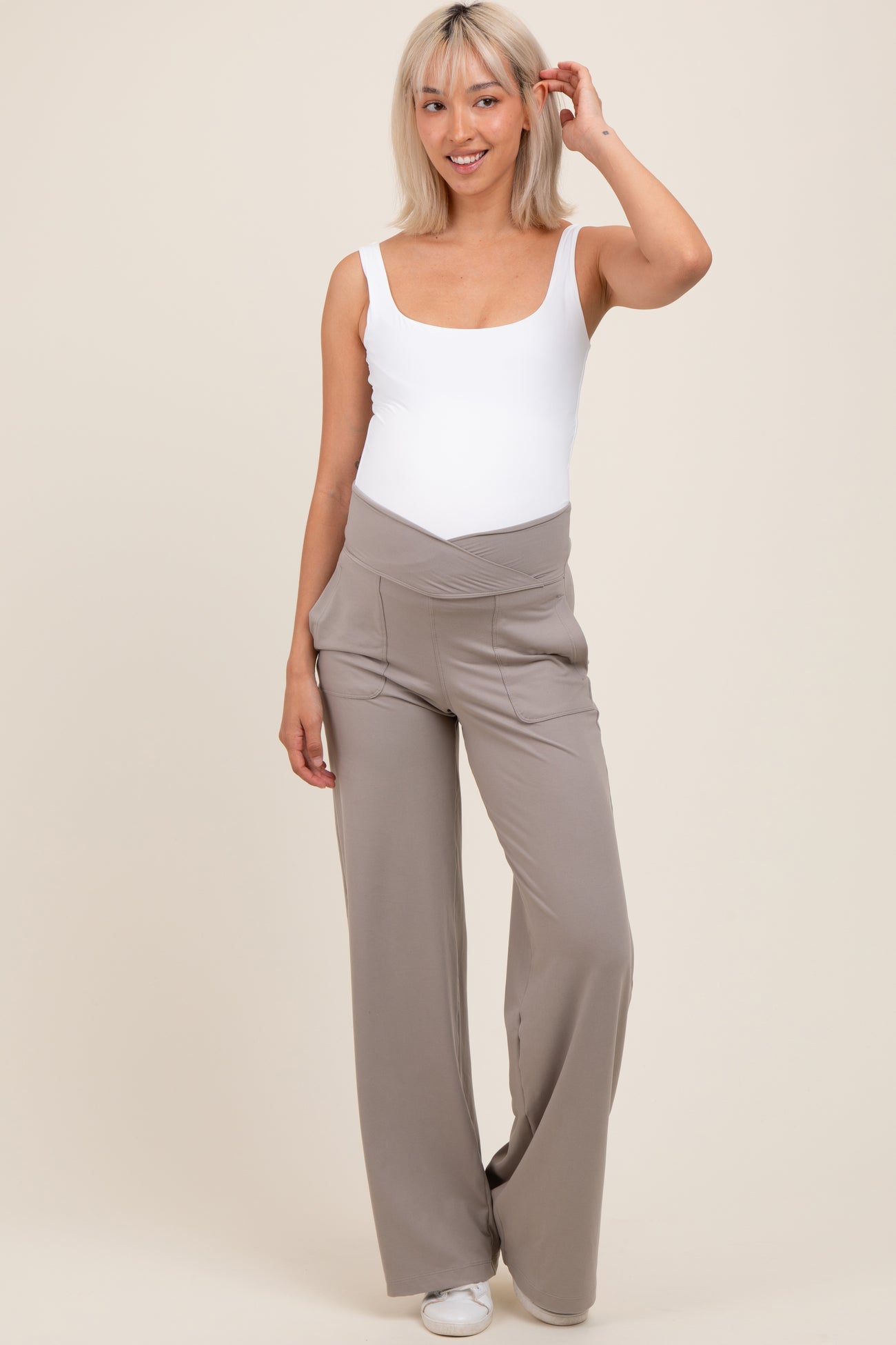 Light Taupe Crossover Waist Active Wide Leg Maternity Pant