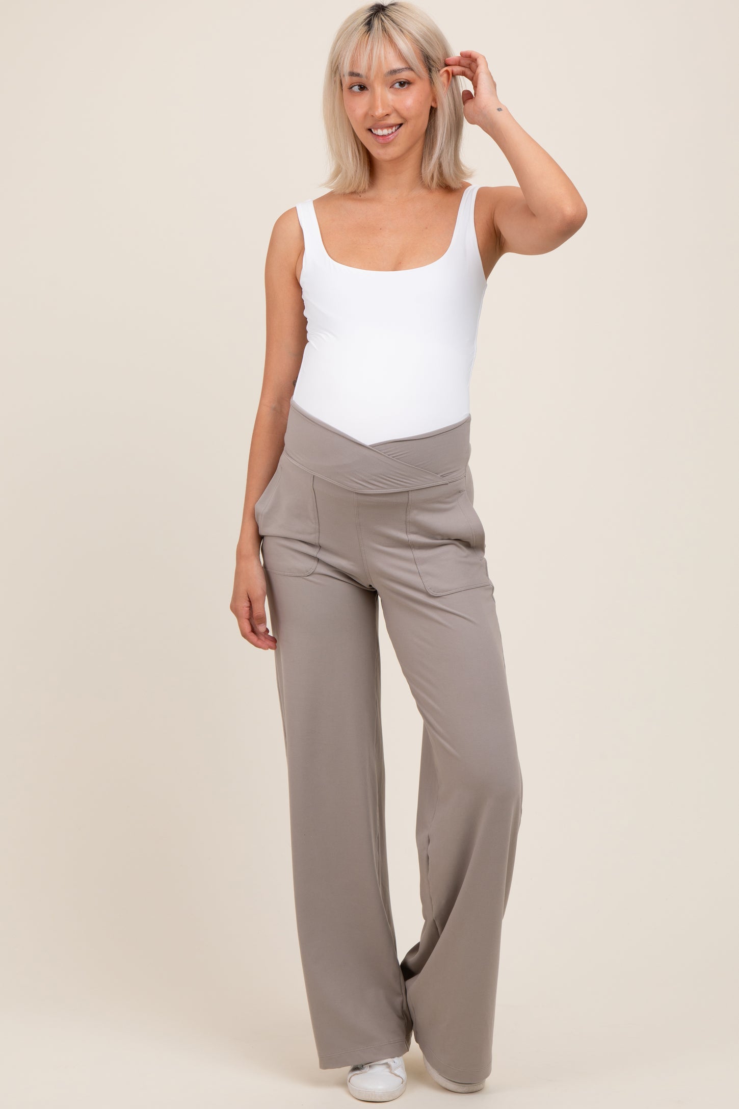 Light Taupe Crossover Waist Active Wide Leg Maternity Pant