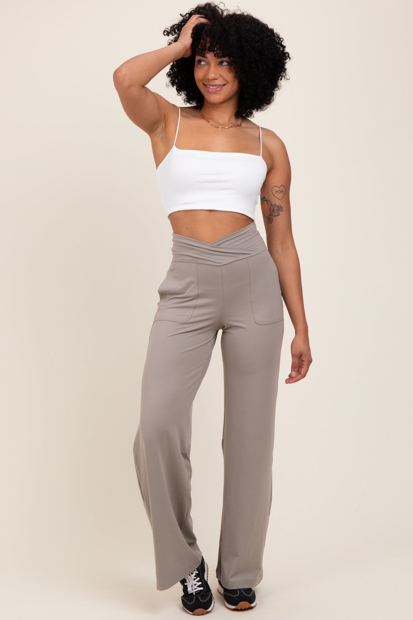 Light Taupe Crossover Waist Active Wide Leg Pant