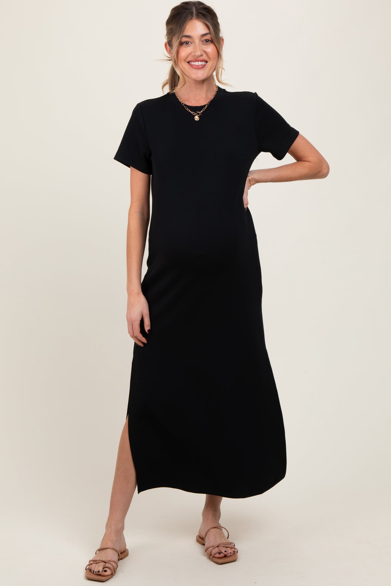 Black Basic Side Slit Short Sleeve Maternity Midi Dress