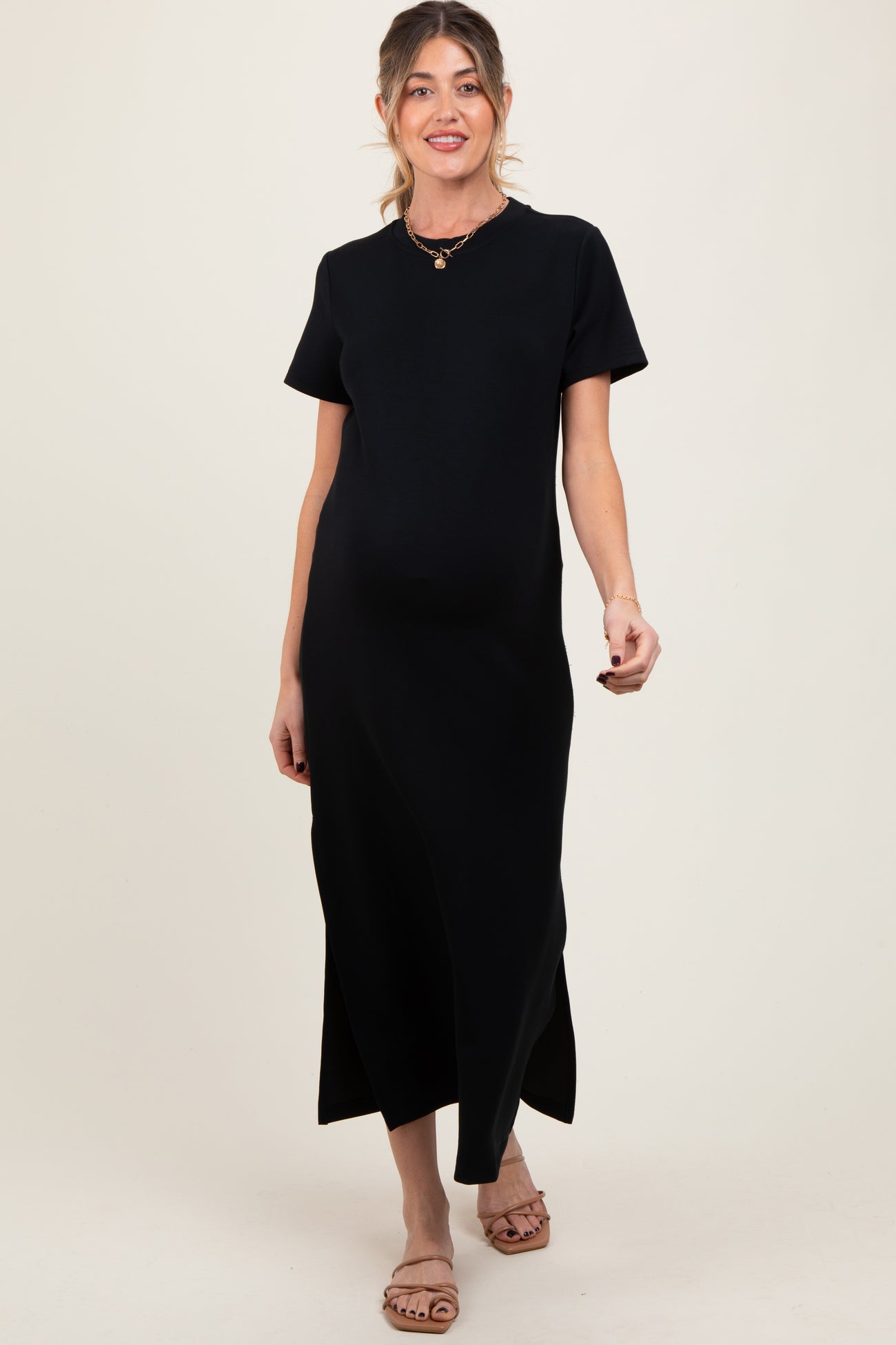 Black Basic Side Slit Short Sleeve Maternity Midi Dress