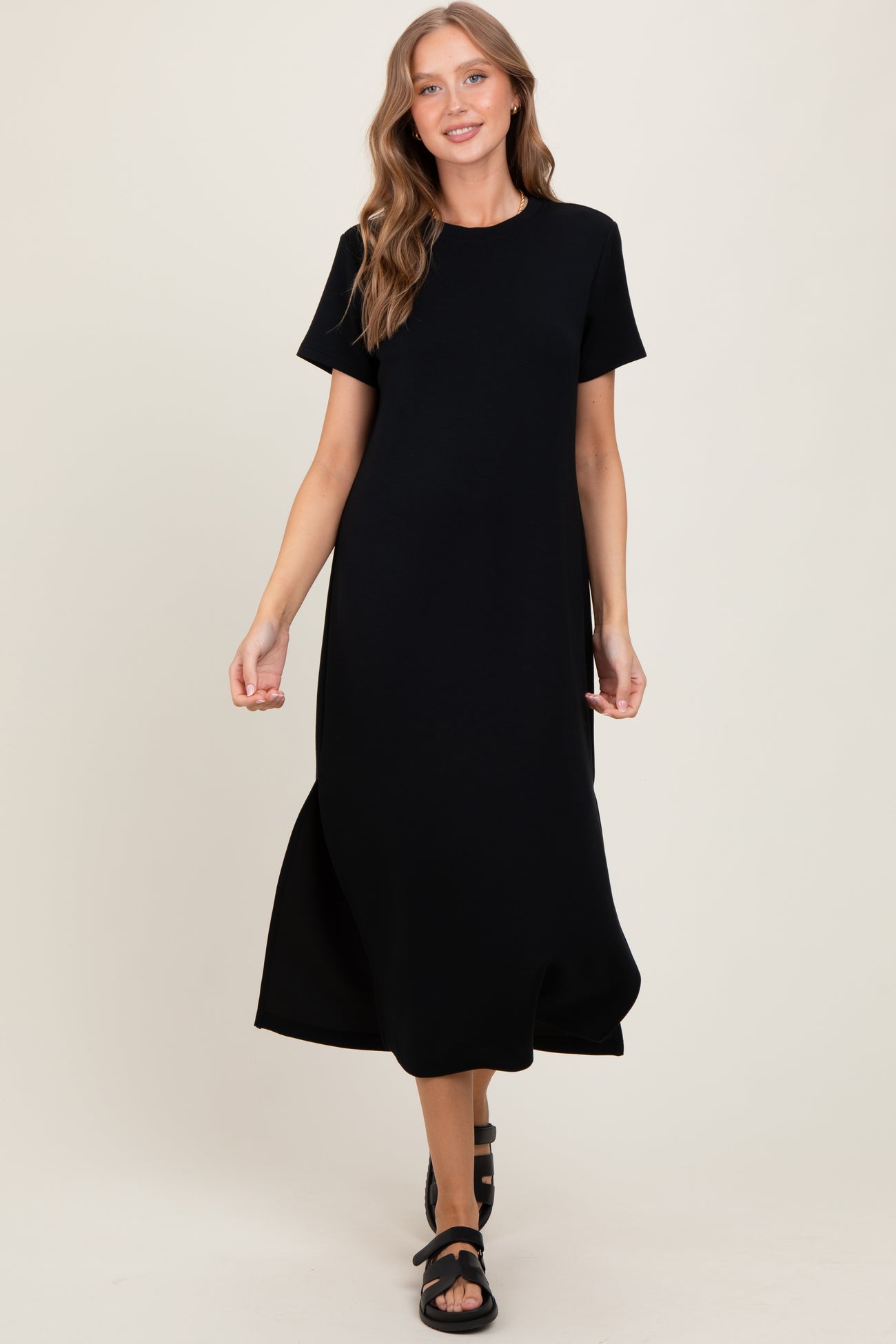 Black Basic Side Slit Short Sleeve Midi Dress