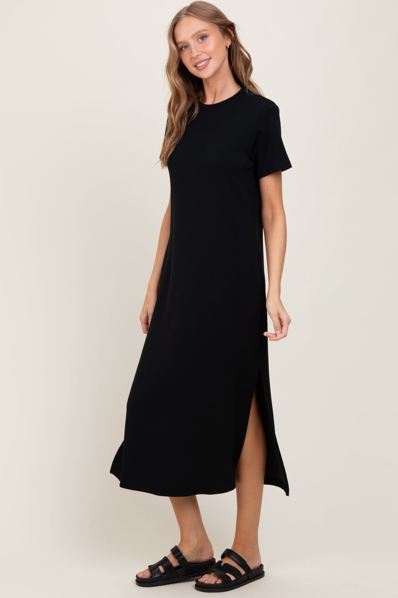 Black Basic Side Slit Short Sleeve Midi Dress