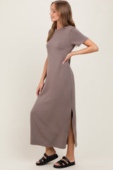Taupe Basic Side Slit Short Sleeve Midi Dress