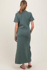 Light Olive Basic Side Slit Short Sleeve Maternity Midi Dress