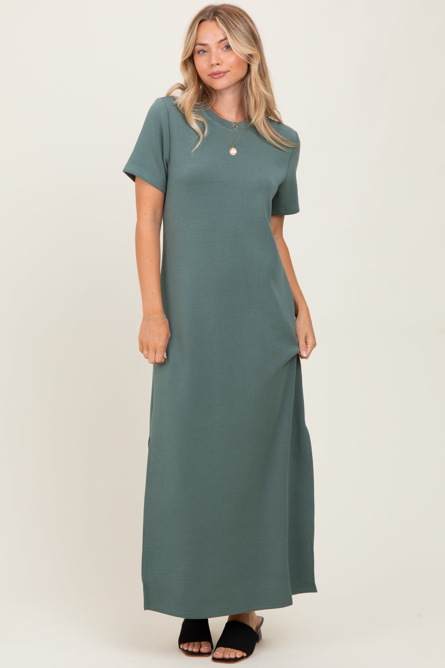 Light Olive Basic Side Slit Short Sleeve Maternity Midi Dress