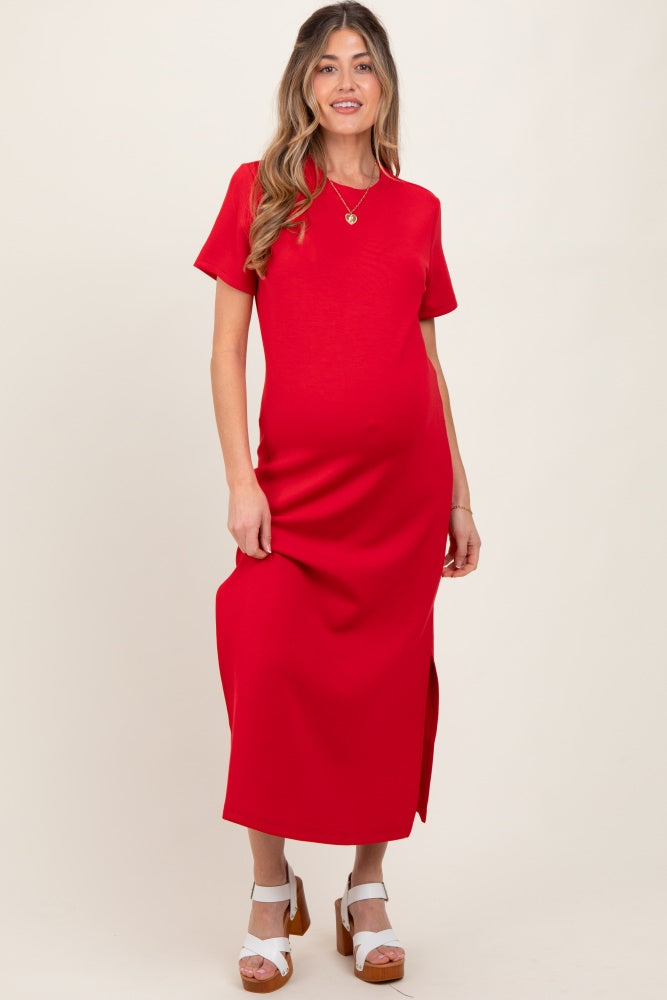 Red Basic Side Slit Short Sleeve Maternity Midi Dress