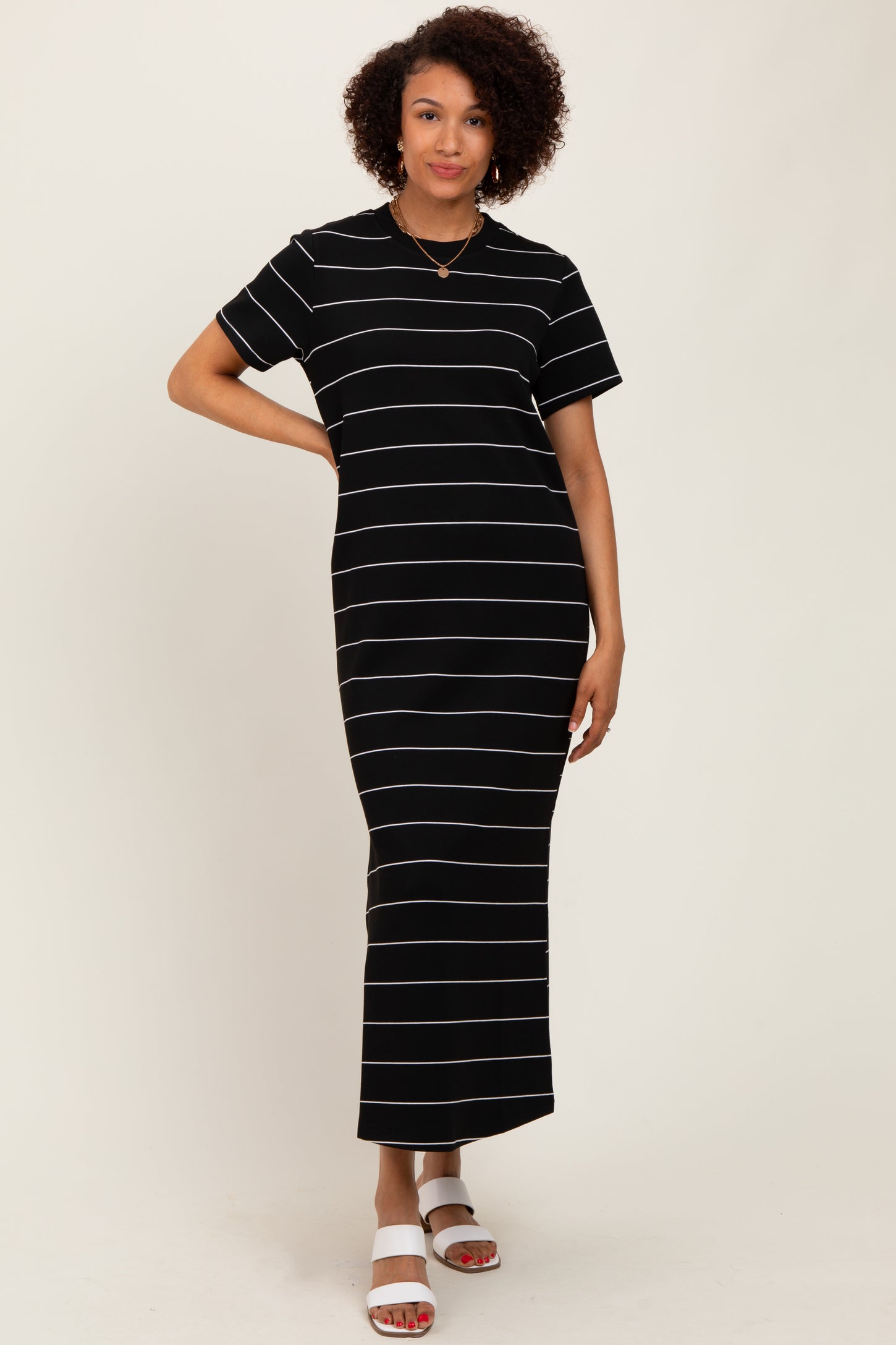 Black Striped Short Sleeve Side Slit Midi Dress