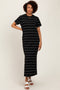 Black Striped Short Sleeve Side Slit Midi Dress