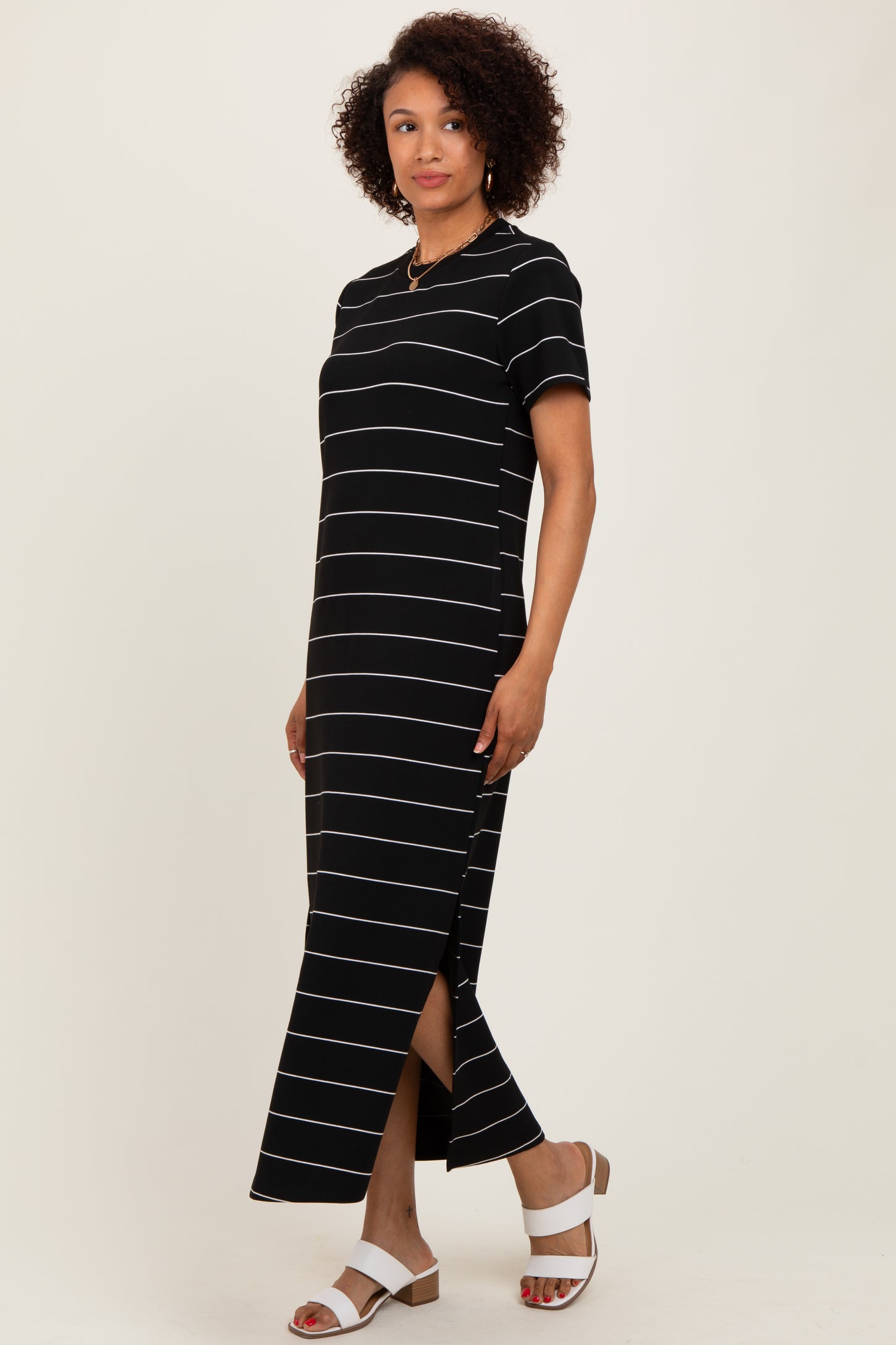 Black Striped Short Sleeve Side Slit Midi Dress