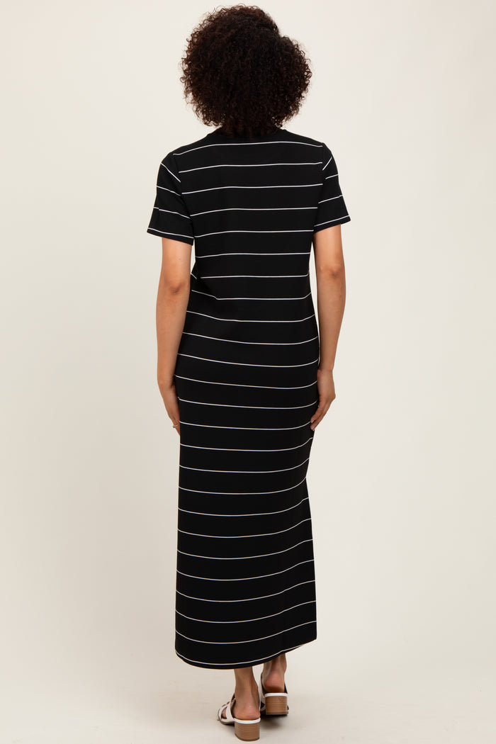 Black Striped Short Sleeve Side Slit Midi Dress