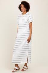 woman wearing a white striped maxi dress with short sleeves and side slits, styled with white sandals