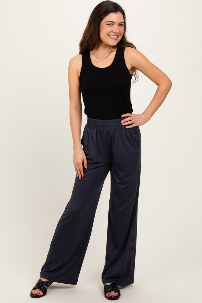 Charcoal Basic Wide Leg Pocketed Pants