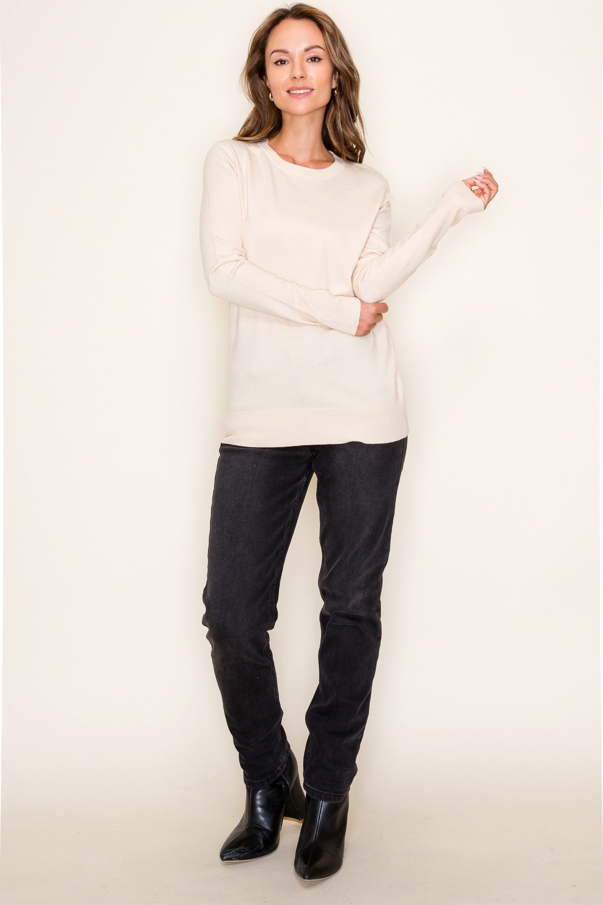 Cream Knit Long Button Sleeve Top