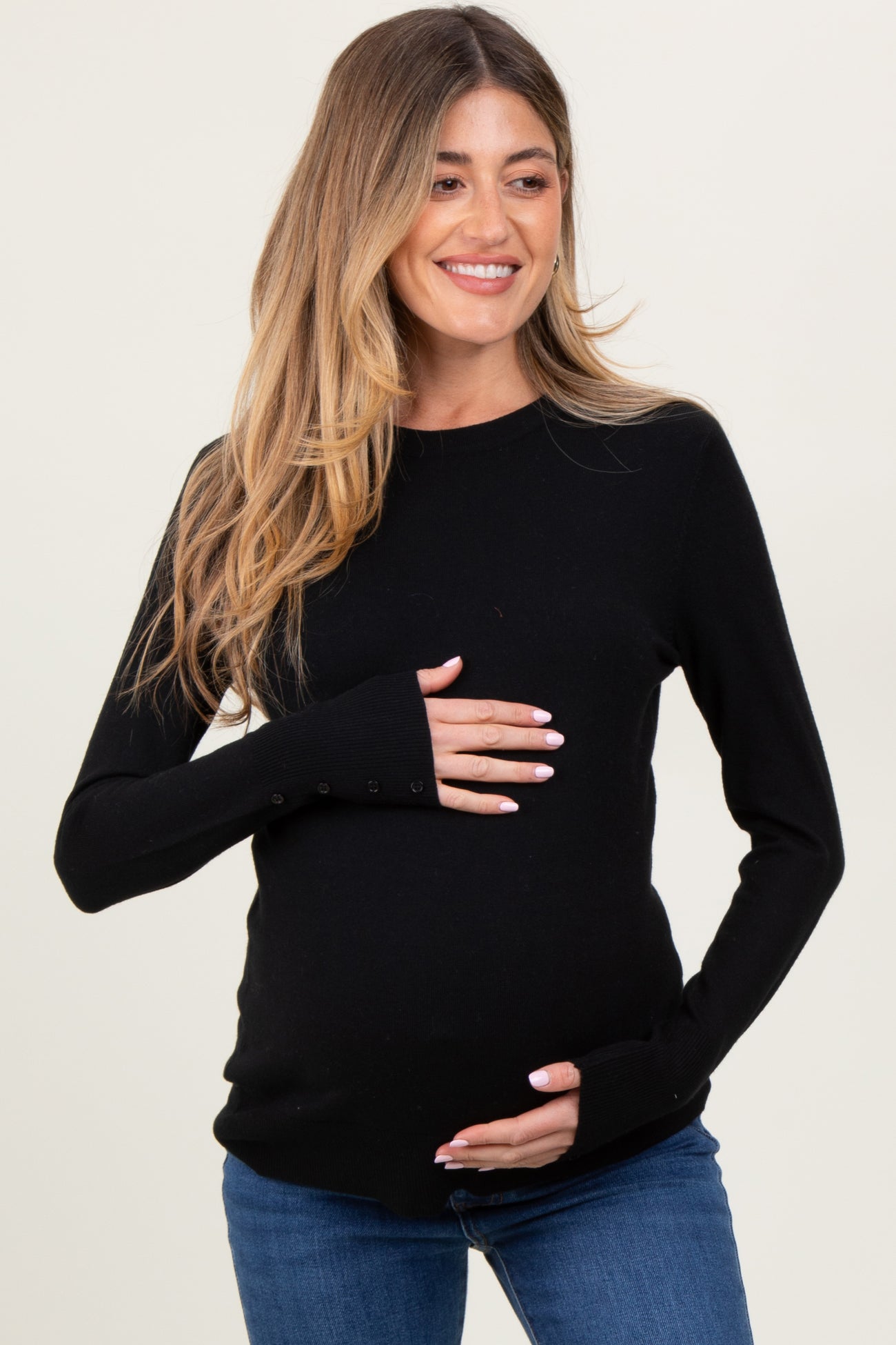 Black Knit Long Button Sleeve Maternity Top