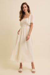 Cream Floral Applique Flutter Sleeved Maternity Midi Dress